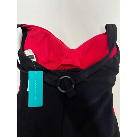 Aquagreen Colorblock One Piece Swimsuit Ruching Waistline Red Black Small NEW - Picture 3 of 6